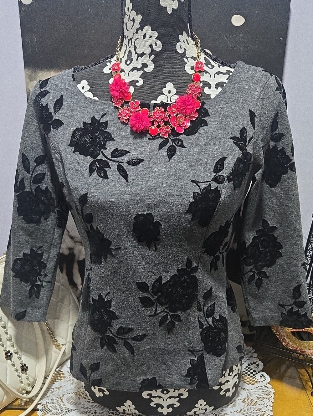 White House Black Market Gray Floral Velvet-Print Top